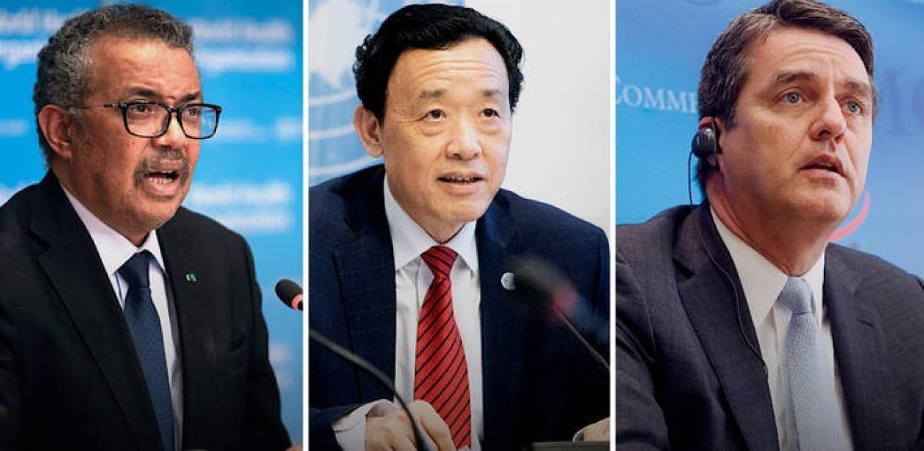 Tedros Adhanom Ghebreyesus, QU Dongyu and Roberto Azevedo, Directors-General of WHO, FAO and WTO