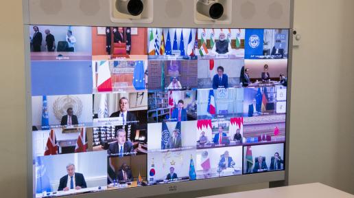 A view of the screen in the Secretary-General António Guterres' conference room as he takes part in the extraordinary Virtual Leaders’ Summit of the Group of Twenty (G-20) on the Covid-19 Pandemic.