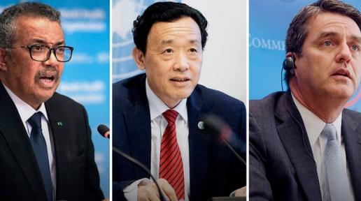 Tedros Adhanom Ghebreyesus, QU Dongyu and Roberto Azevedo, Directors-General of WHO, FAO and WTO