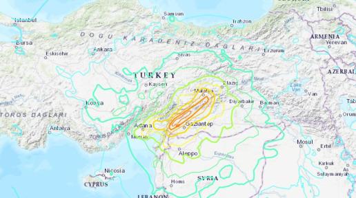 A map of Turkiye and Syria showing where the earthquake took place